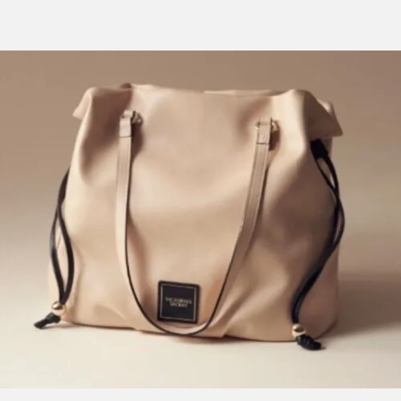 NEW! VICTORIA'S SECRET CINCH TOP BARE TOTE PURSE BAG SHOULDER BEIGE GOLD HANDBAG - Picture 2 of 8